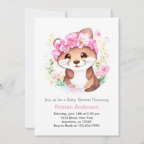 Otter Adventure Pink Wildflower Girl Baby Shower Invitation