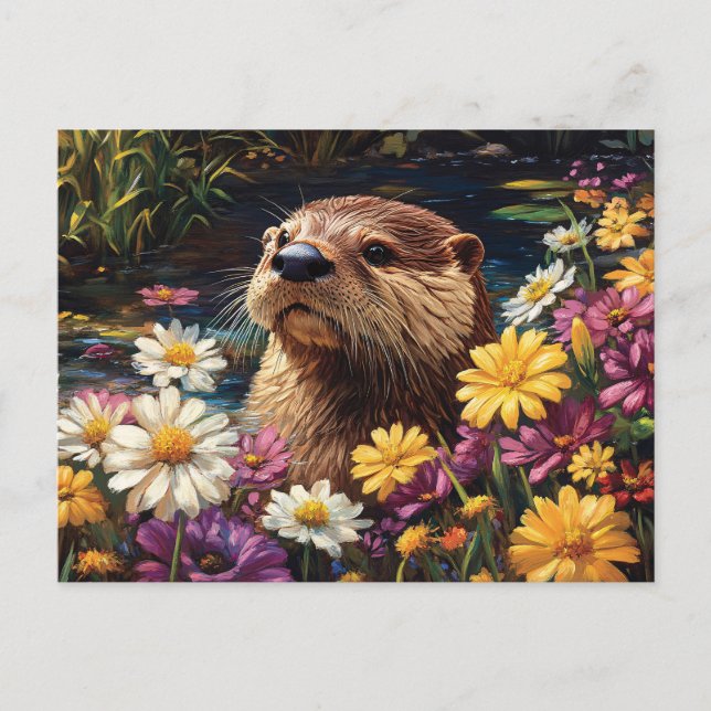 Otter and Colorful Wildflowers Spring Postcard (Front)