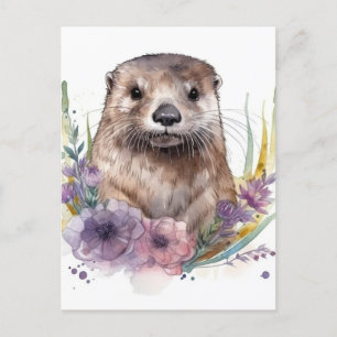 Otter and Purple Flowers Postcard