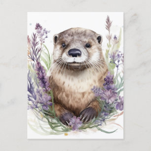 Otter and Purple Flowers Watercolor Postcard