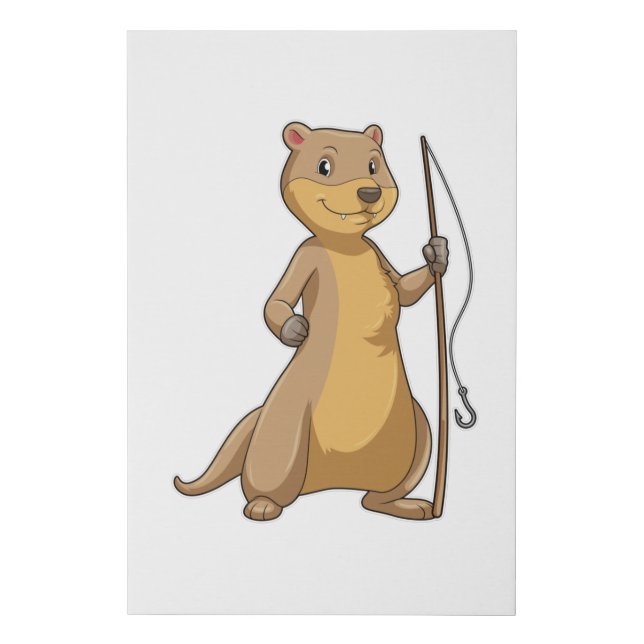 Otter as Fisher with Fishing rod Faux Canvas Print (Front)