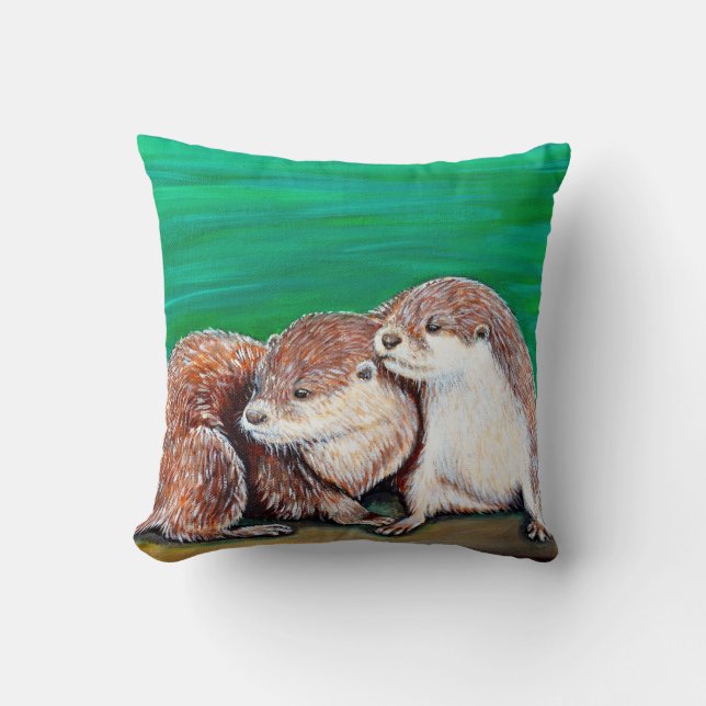Otter Best Friends Painting Throw Pillow (Front)