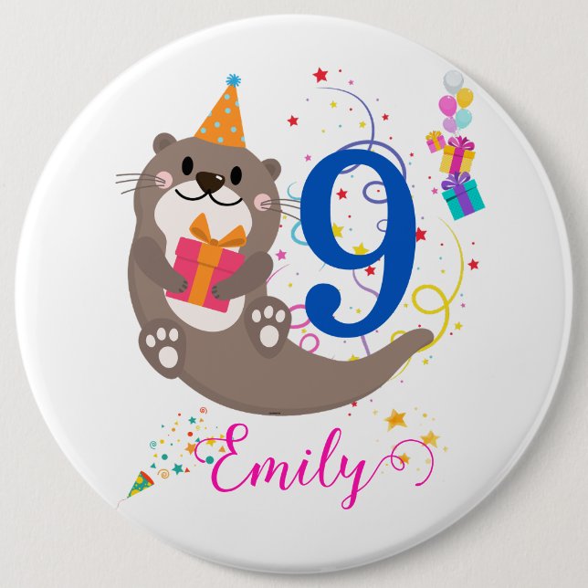 Otter Birthday Girl Party Colorful Balloons Theme Button (Front)