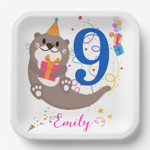 Otter Birthday Girl Party Colorful Balloons Theme  Paper Plates