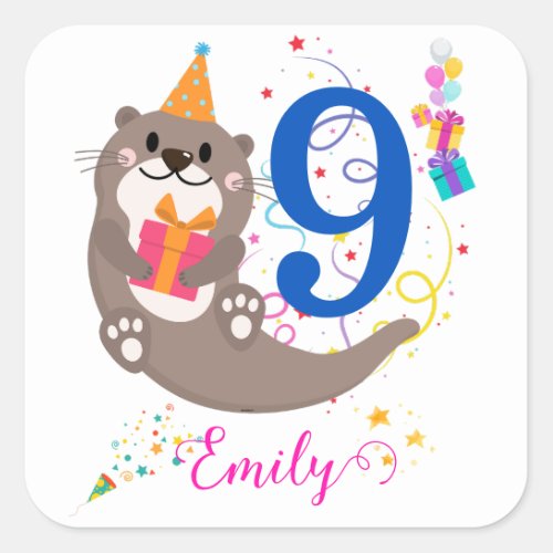 Otter Birthday Girl Party Colorful Balloons Theme Square Sticker