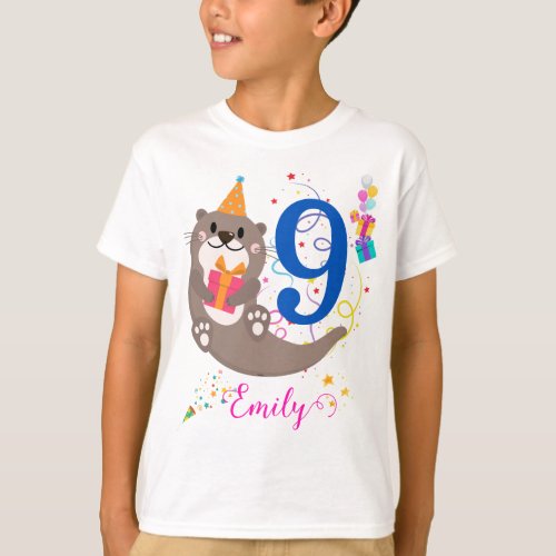 Otter Birthday Girl Party Colorful Balloons Theme  T_Shirt
