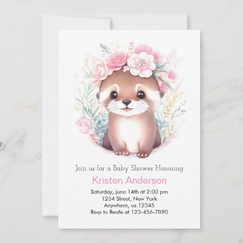 Otter Blissful Pink Meadow Girl Baby Shower Invitation