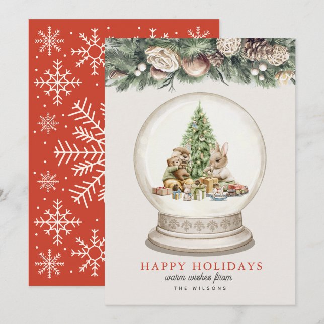 Otter & Bunny Christmas Tree Snow Globe Holiday Card (Front/Back)