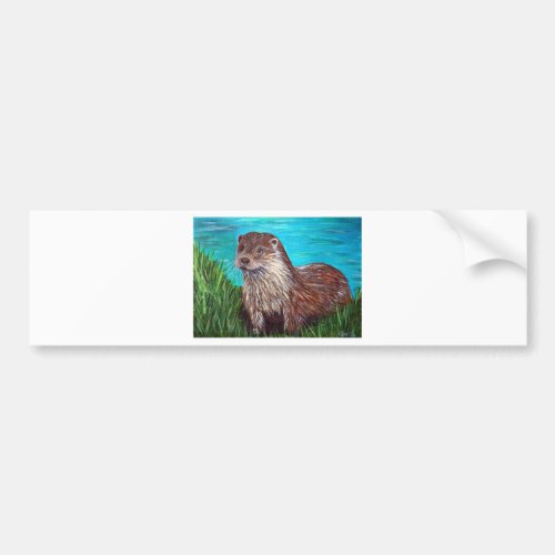 Otter by a River Painting Bumper Sticker