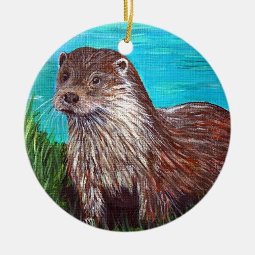 Otter by a River Painting Ceramic Ornament