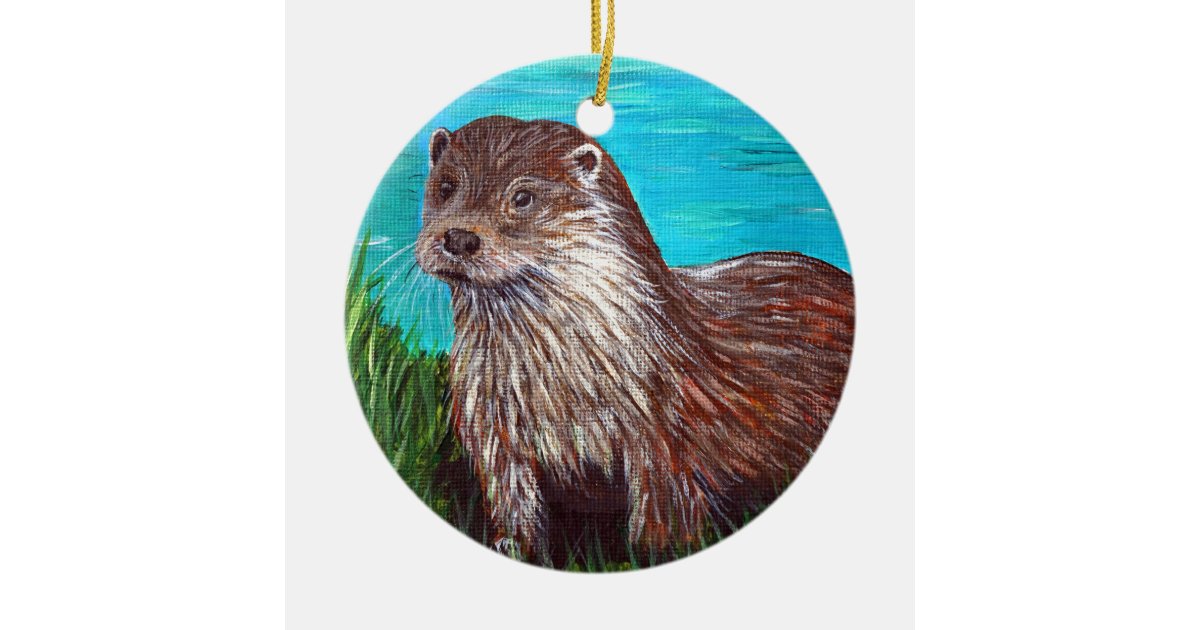 Otter By A River Painting Ceramic Ornament Zazzle Com