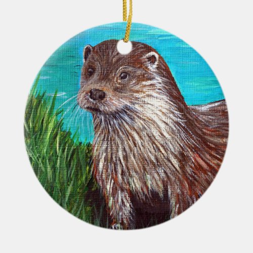 Otter by a River Painting Ceramic Ornament