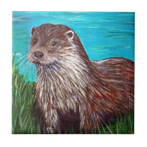 Otter by a River Painting Ceramic Tile