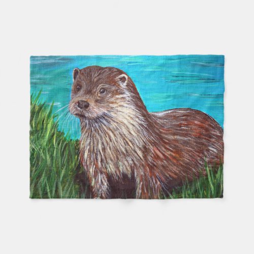 Otter by a River Painting Fleece Blanket