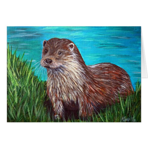 Otter by a River Painting Greeting Card