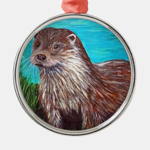 Otter by a River Painting Metal Ornament