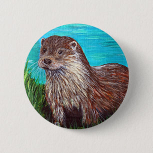 Otter by a River Painting Pinback Button