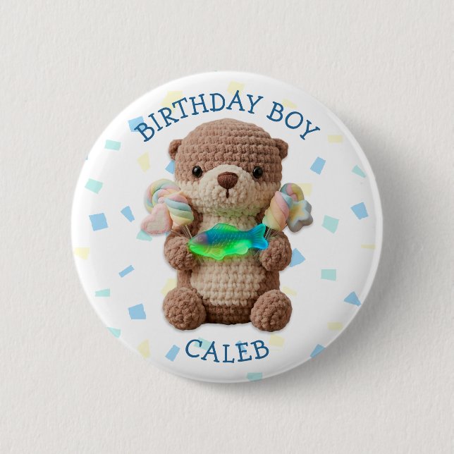 Otter & Candy Themed Birthday Boy Personalized Button (Front)