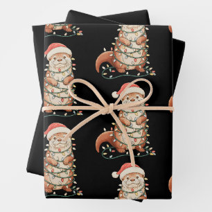 Otter Christmas Animal Xmas Lights Santa Hat Wrapping Paper Sheets