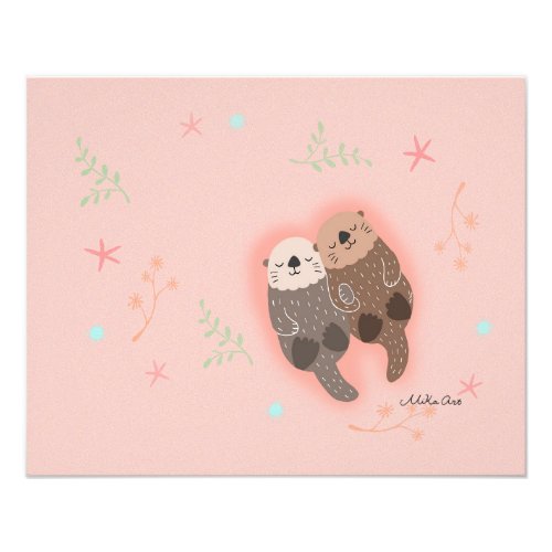 Otter couple holding heart pink peach happy couple photo print