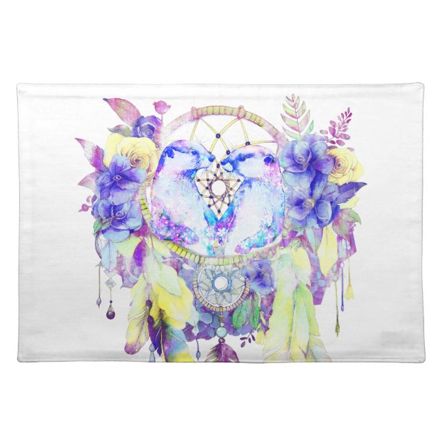 Otter Dreamcatcher Blue Yellow Floral Cloth Placemat (Front)