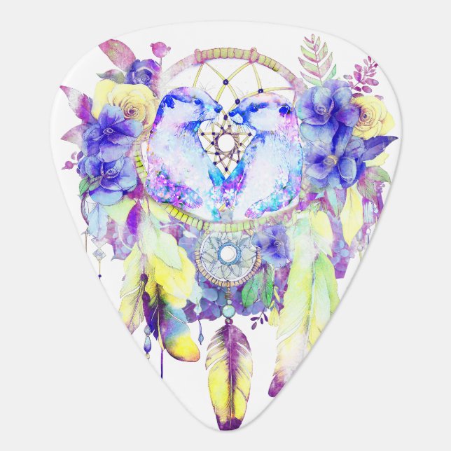 Otter Dreamcatcher Blue Yellow Floral Guitar Pick (Front)