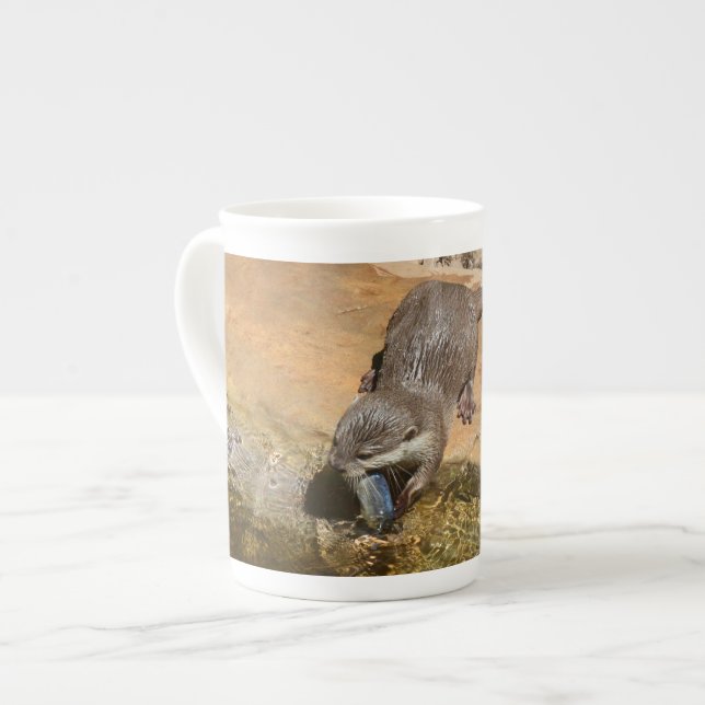 Otter Eating Otterly Delicious Fish,    Bone China Mug (Front Left)