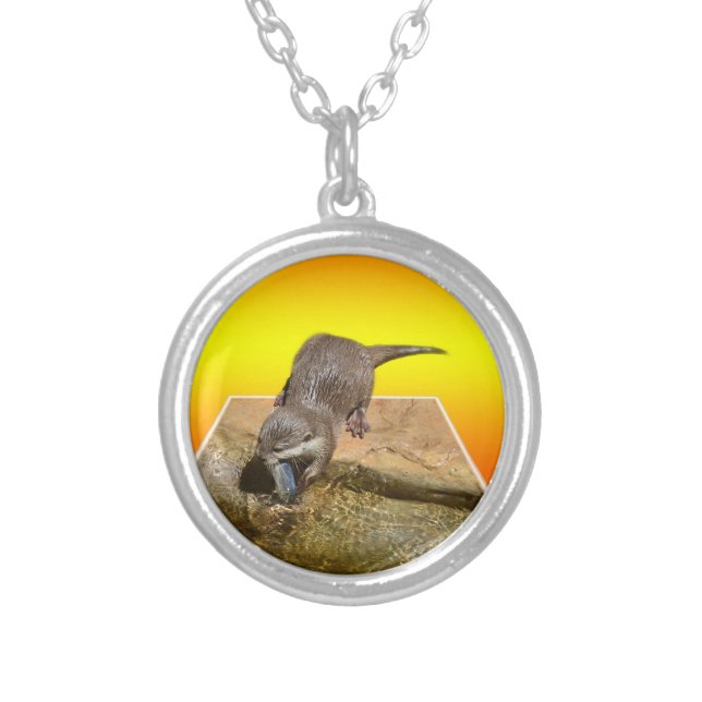 Otter Eating Tasty Fish By His Pond, Silver Plated Necklace (Front)