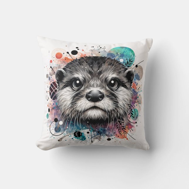 Otter Face Colorful Art Throw Pillow (Front)