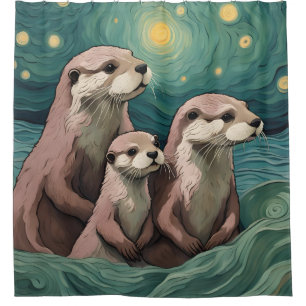 Otter Family in a Starry Night Ocean Shower Curtain