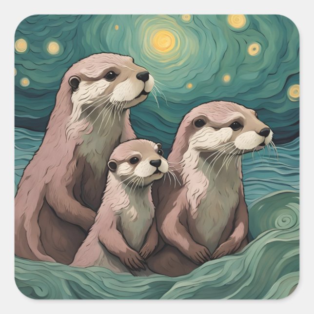 Otter Family in a Starry Night Ocean Square Sticker (Front)