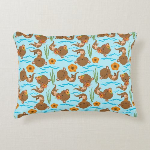Otter Family Orange Flowers Floral Aquatic Animals Accent Pillow