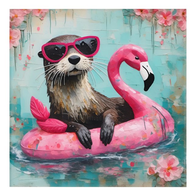 Otter Floating on a Pink Flamingo Funny Collage Acrylic Print (Front)