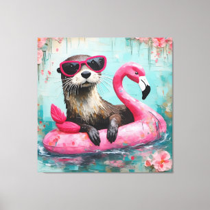Otter Floating on a Pink Flamingo Funny Collage Canvas Print