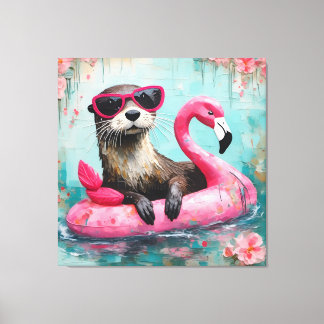 Otter Floating on a Pink Flamingo Funny Collage Canvas Print