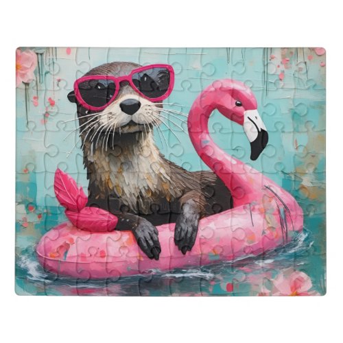 Otter Floating on a Pink Flamingo Funny Collage Jigsaw Puzzle