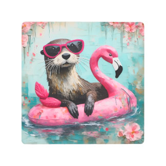Otter Floating on a Pink Flamingo Funny Collage Metal Print