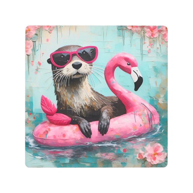 Otter Floating on a Pink Flamingo Funny Collage Metal Print (Front)