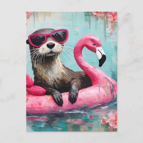 Otter Floating on a Pink Flamingo Funny Collage Postcard