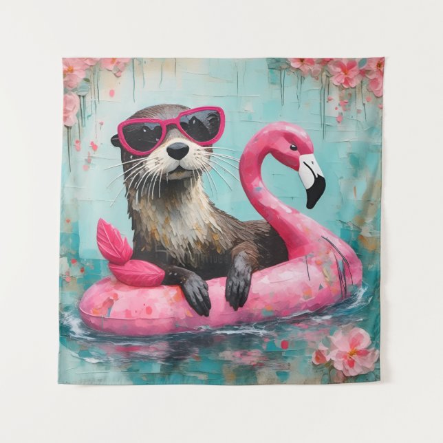 Otter Floating on a Pink Flamingo Funny Collage Tapestry (Front)