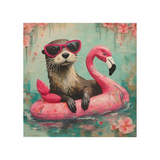 Otter Floating on a Pink Flamingo Funny Collage Wood Wall Art (Front)