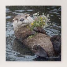 Otter Floating with Wildflower Bouquet