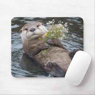 Otter Floating with Wildflower Bouquet Mouse Pad