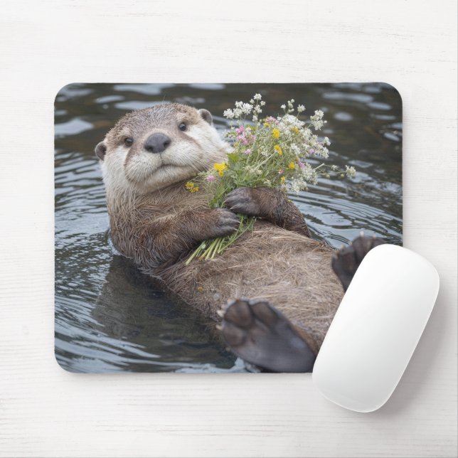 Otter Floating with Wildflower Bouquet Mouse Pad (With Mouse)