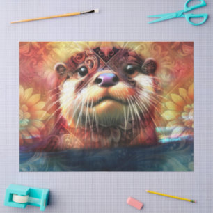Otter Floral Teal Orange Otters Decoupage Tissue Paper
