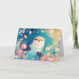 Otter Frolic in a Pond of Flowers Card