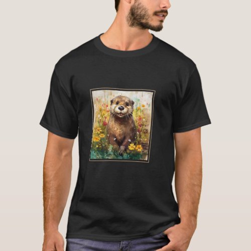 Otter Garden Flowers Painting Pet Mom Dad T-Shirt