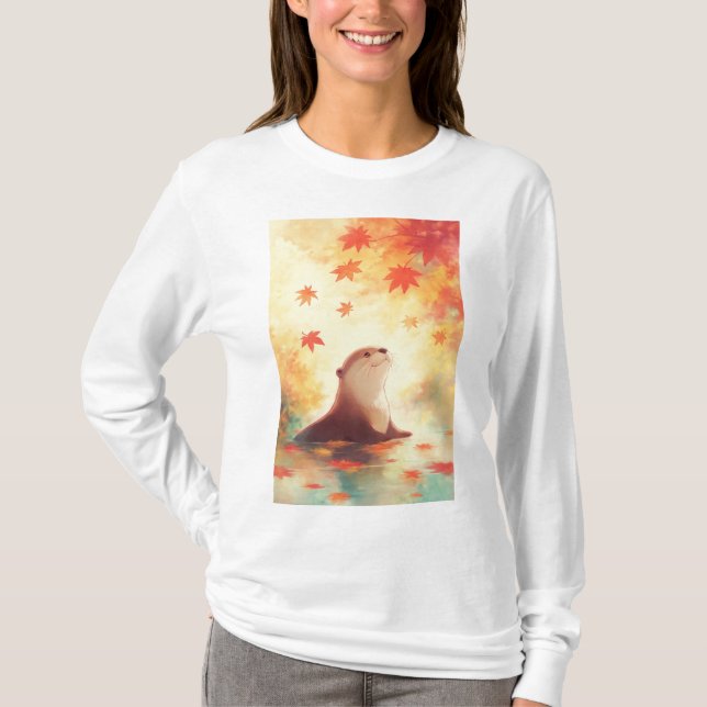 Otter Gaze Beneath Falling Leaves T-Shirt (Front)