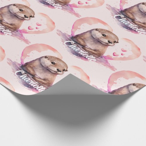 Otter Heart Watercolor Add Name Wrapping Paper