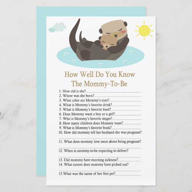 Otter how well do you know baby shower game (Front/Back)